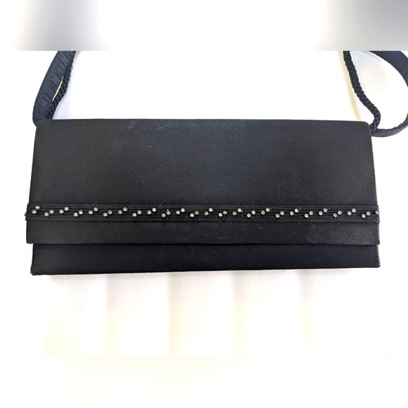 New Black Satin Clutch with Rhinestone Detail and 2 Separate Handle Options - Picture 1 of 4